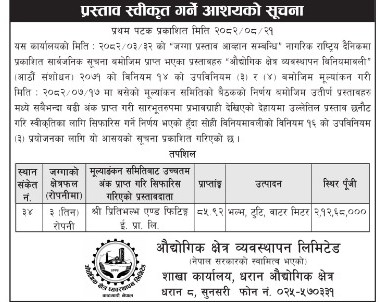 प्रस्ताव स्वीकृती गर्ने आशयको सूचना प्रकाशन मिति २०८२।०८।२१ गते