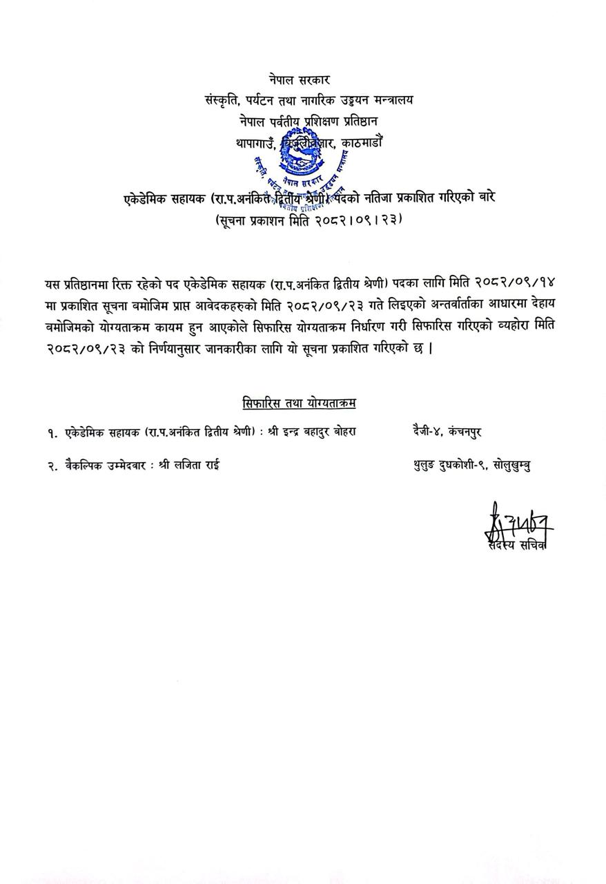 एकेडेमिक सहायक पदको नतिजा प्रकाशित गरिएको बारे |