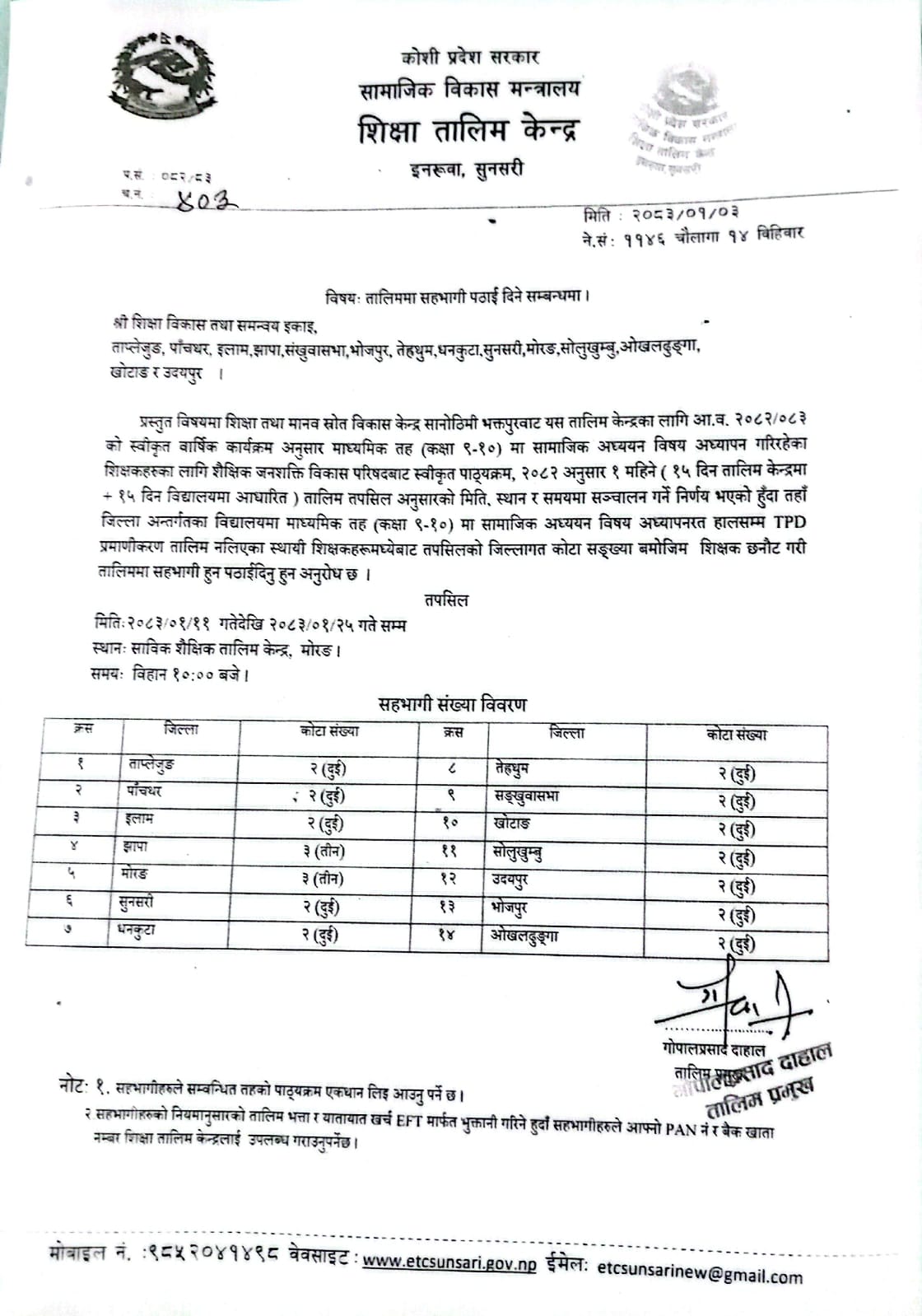 माध्यमिक तह (कक्षा ९-१० ) मा सामाजिक अध्यायन विषय अध्यापनरत शिक्षकहरुका लागि १ महिने फेस टु फेस टिपिडी प्रमाणीकरण तालिम सञ्चालन सम्वन्धी सूचना ।