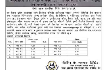 उद्योग स्थापनाको लागि जग्गा भाडामा दिने सम्बन्धी प्रस्ताव आव्हानको सूचना दोस्रो पटक प्रकाशित मिति २०८३।०३।१९ - img