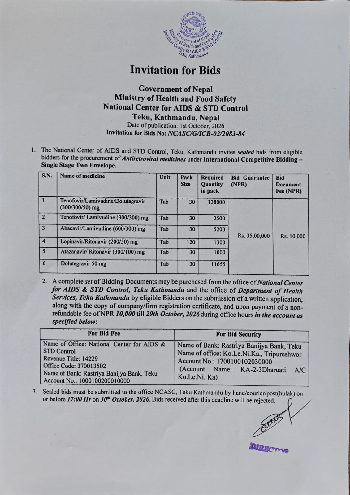 Invitation for BIDS-NCASC-G-ICB-02-2083-84- 01 October 2026