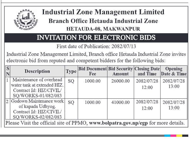 INVITATIION FOR ELECTRONIC BIDS, First date of Publication: 2082.07.13