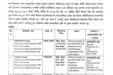 औषधि फिर्ता (Recall) गर्ने सम्बन्धी अत्यन्त जरुरी सूचना। (२०८३/०५/१६) - img