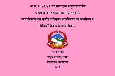 आ.व. २०८२/८३ मा समपूरक अनुदानमार्फत प्रदेश सरकार तथा स्थानीय तहबाट कार्यान्वयन हुन छनौट गरिएका आयोजना/कार्यक्रमहरू र विनियोजित बजेटको विवरण। - img