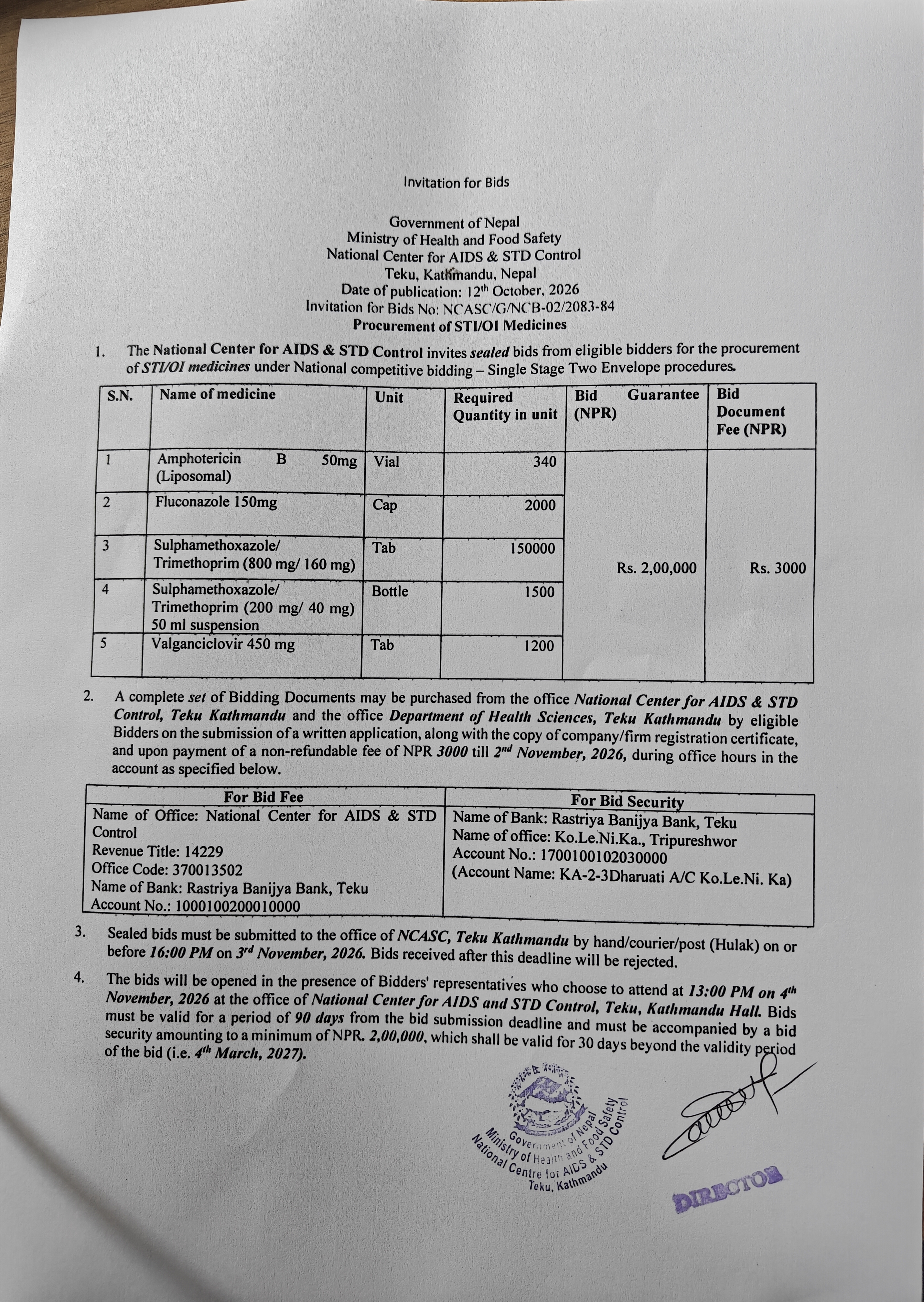Procurement of STI/OI Medicines-NCASC/G/NCB-02/2083-84