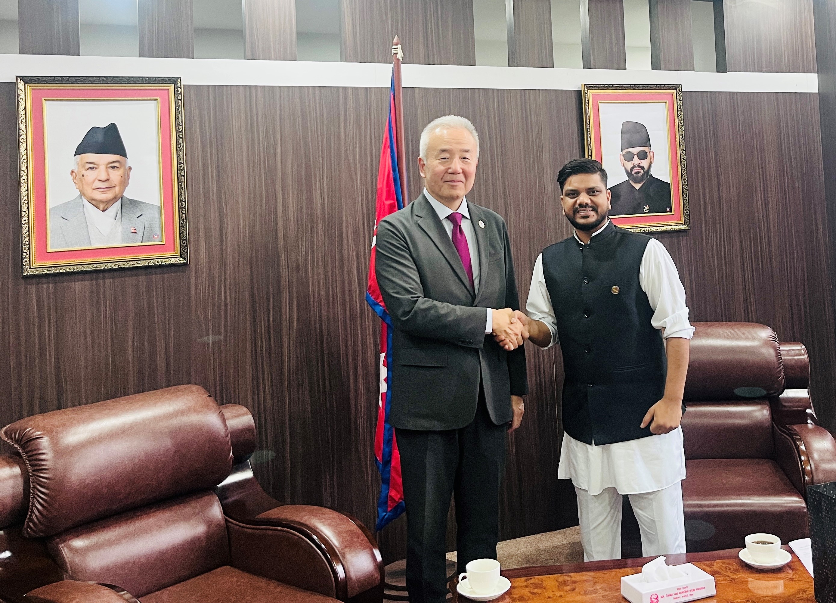 A courtesy meeting was held between the Honorable Minister for Labor, Employment and Social Security, Ramjee Yadav  and His Excellency Maeda Toru , the Ambassador of Japan to Nepal on various matters on labor migration relations between Nepal and Japan