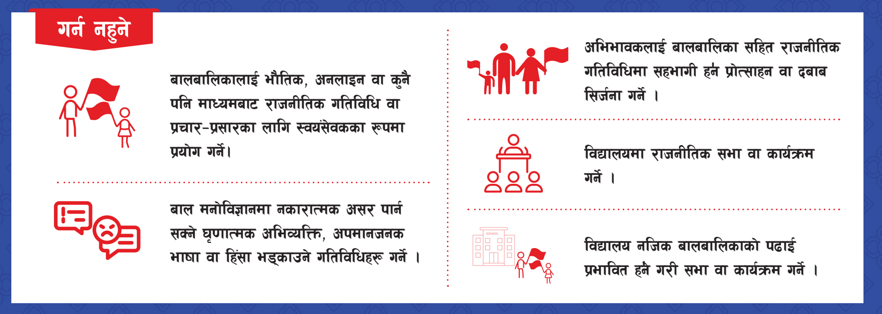 निर्वाचनमा बालबालिकाको अधिकार तथा हक हितको संरक्षणका लागि राजनीतिक दल तथा उम्मेदवारले गर्न हुने र गर्न नहुने विषयहरु