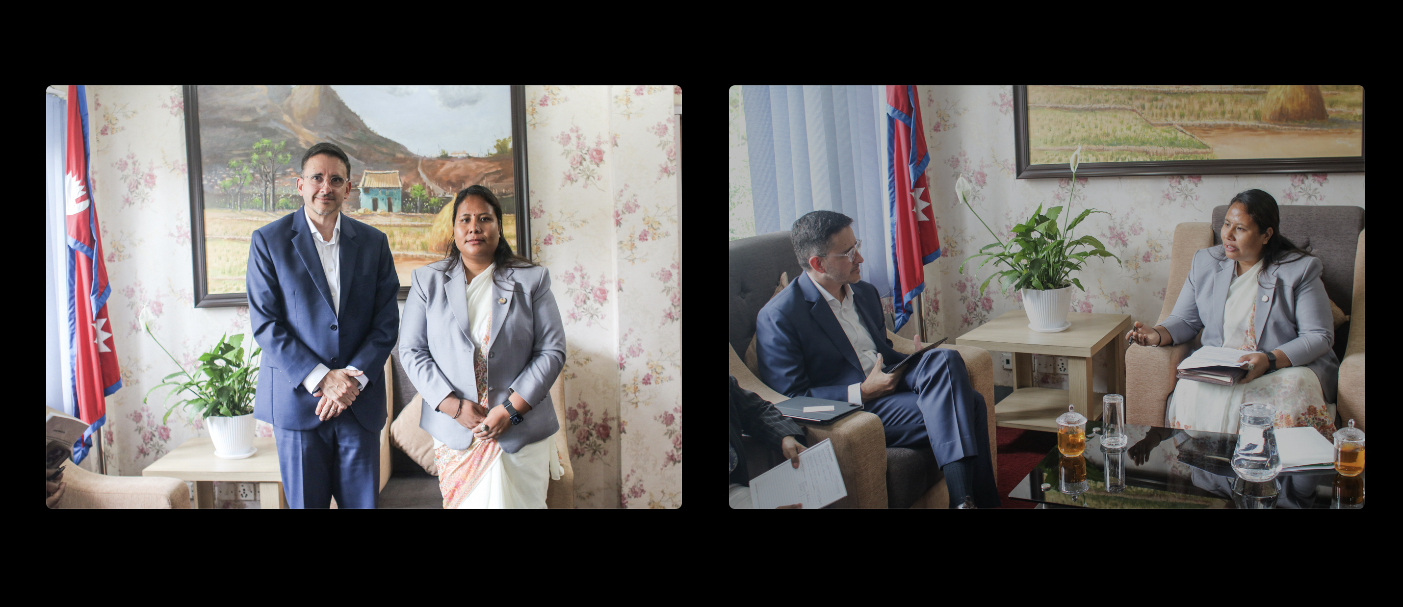 World Bank  Country Director for Nepal David Sislen pays courtesy call on Hon'ble Minister for Agriculture, Forest and Environment  Gita Chaudhary at the Ministry.   माननीय  कृषि,वन तथा पर्यावरण मन्त्री गीता चौधरीज्यू  संग नेपालका लागि विश्व बैंकका कन्ट्री डाइरेक्टर डेभिड सिस्लेनले  मन्त्रालयमा गर्नुभएको शिष्टाचार भेटघाट।