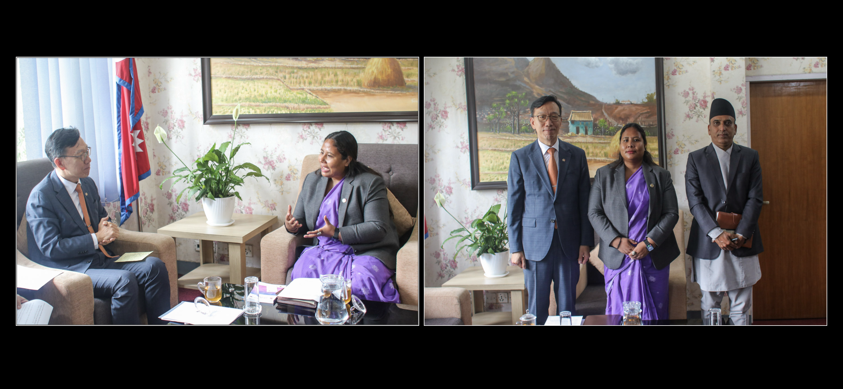 The Republic Korean Ambassador to Nepal, H.E. Mr. PARK Tae-Young, pays courtesy call on Hon'ble Minister for Agriculture, Forest and Environment  Gita Chaudhary at the Ministry.    माननीय  कृषि,वन तथा पर्यावरण मन्त्री गीता चौधरीज्यू  संग नेपालका लागि कोरियाका राजदूत महामहिम पार्क तेयोङ्गले  मन्त्रालयमा गर्नुभएको शिष्टाचार भेटघाट।