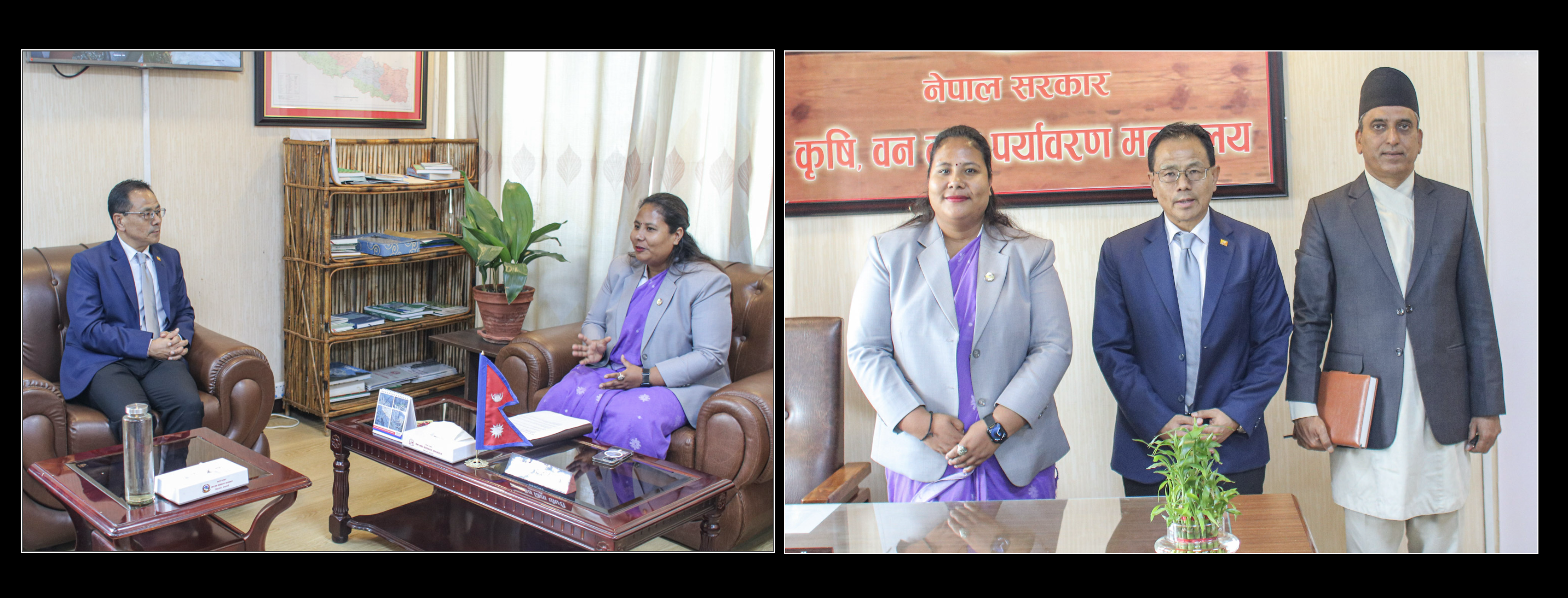 Director General of South Asian Co-operative Environment Programme,  H.E. Mr. Mr. Norbu Wangchuk pays courtesy call on Hon'ble Minister for Agriculture, Forest and Environment  Gita Chaudhary at the Ministry.   माननीय  कृषि,वन तथा पर्यावरण मन्त्री गीता चौधरीज्यूसंग दक्षिण एसियाली सहकारी वातावरण कार्यक्रम (SACEP) का महानिर्देशक महामहिम नर्बु वाङचुकले मन्त्रालयमा गर्नुभएको शिष्टाचार भेटघाट।