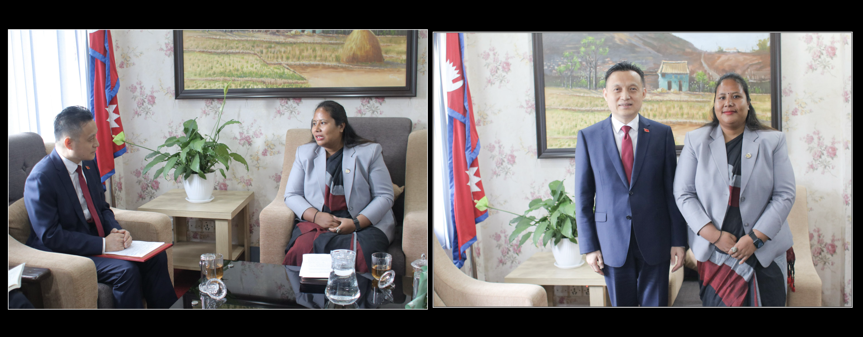 Chinese Ambassador to Nepal His Excellency  H.E  Mr. Zhang Maoming, pays courtesy call on Hon'ble Minister for Agriculture, Forest and Environment  Gita Chaudhary at the Ministry.   माननीय  कृषि,वन तथा पर्यावरण मन्त्री गीता चौधरीज्यूसंग संग नेपालका लागि चीनका राजदूत  महामहिम Mr. Zhang Maoming, ले मन्त्रालयमा गर्नुभएको शिष्टाचार भेटघाट।