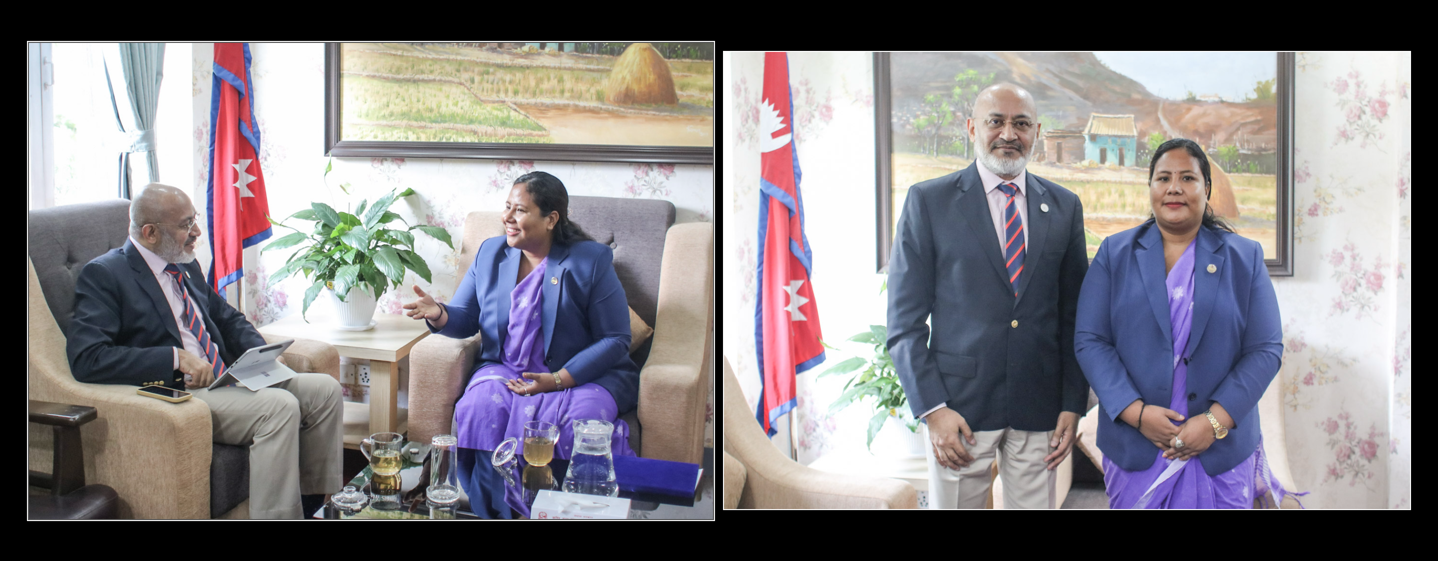 WFP Representative & Country Director Mr. Riaz Lodhi  pays courtesy call on Hon'ble Minister for Agriculture, Forest and Environment  Gita Chaudhary at the Ministry.   माननीय  कृषि,वन तथा पर्यावरण मन्त्री गीता चौधरीज्यूसंग संग नेपालका लागि विश्व खाद्य कार्यक्रम (WFP) का प्रतिनिधि तथा राष्ट्रिय निर्देशक श्री रियाज लोधीले मन्त्रालयमा गर्नुभएको शिष्टाचार भेटघाट।