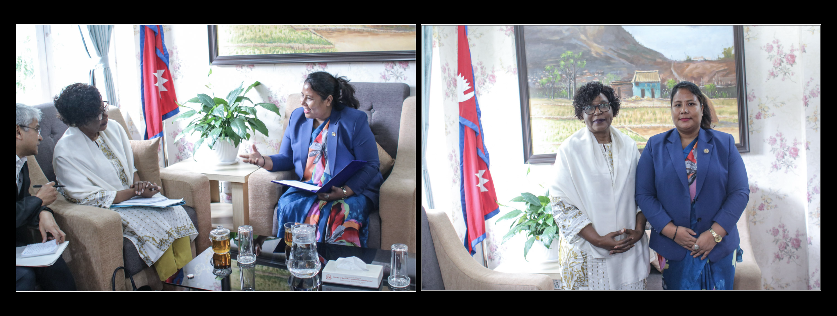 UNICEF Representative, Ms . Alice Akunga, pays courtesy call on Hon'ble Minister for Agriculture, Forest and Environment  Gita Chaudhary at the Ministry.  माननीय  कृषि,वन तथा पर्यावरण मन्त्री गीता चौधरीज्यूसंग संग UNICEF Representative, Ms . Alice Akunga,ले मन्त्रालयमा गर्नुभएको शिष्टाचार भेटघाट।