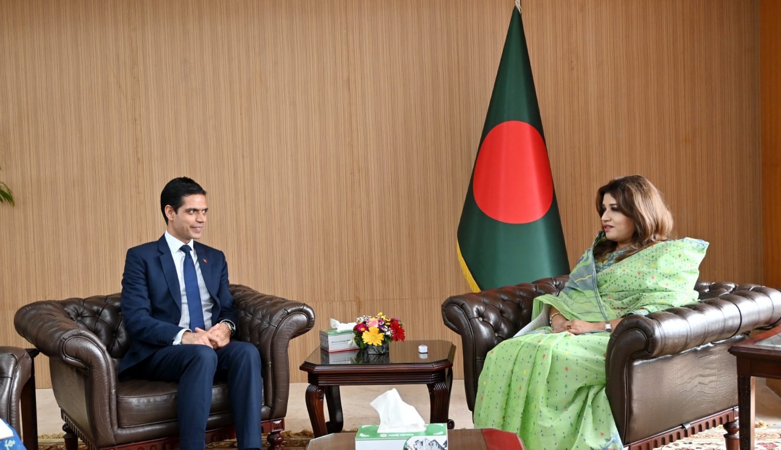 Ambassador Mr. Ghanshyam Bhandari with the State Minister for Foreign Affairs of Bangladesh, H.E. Ms. Shama Obaed Islam (8 March 2026)