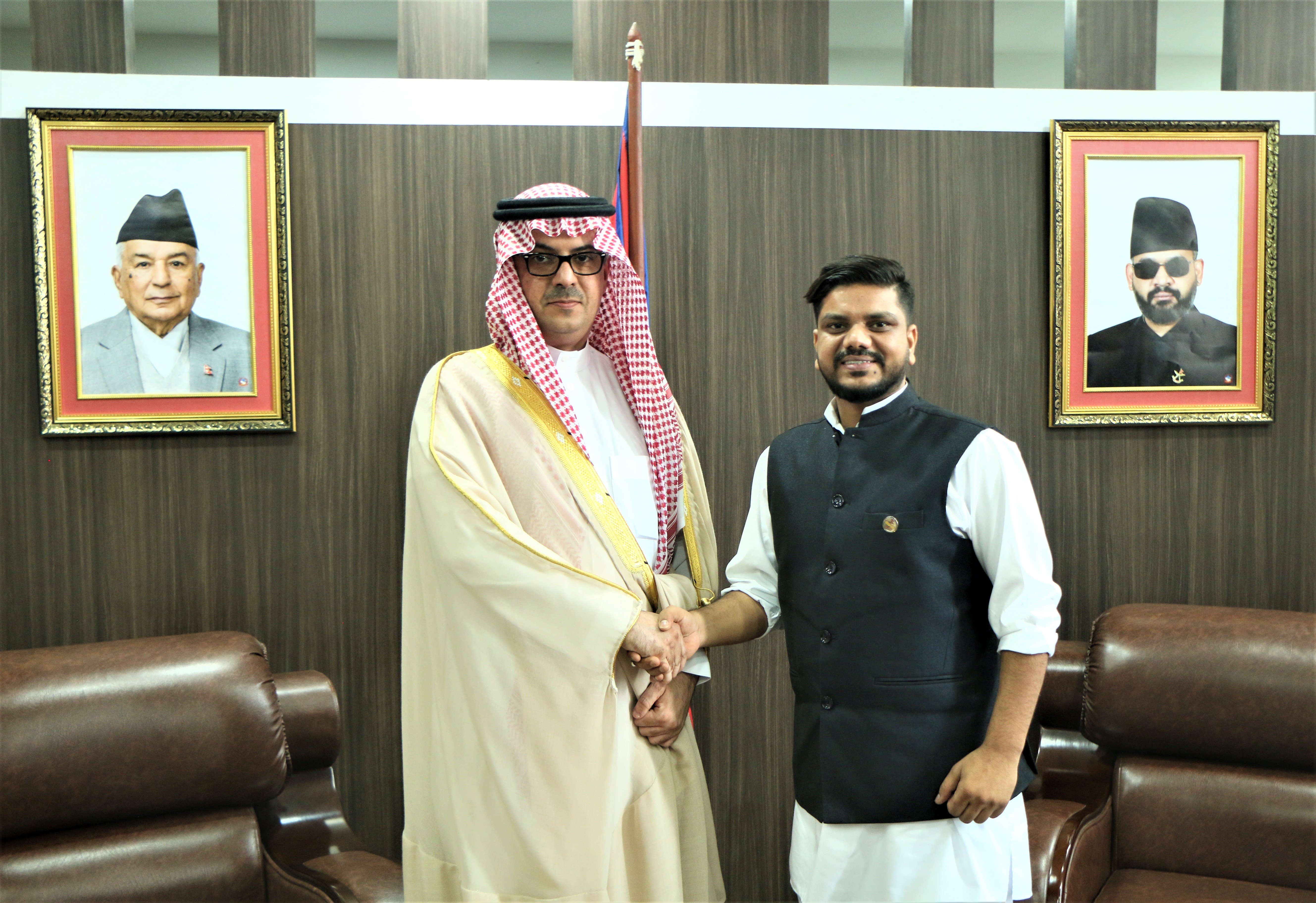 A courtesy meeting was held between the Honorable Minister for Labor, Employment and Social Security, Ramjee Yadav and His Excellency Fahd Mohammad A Mnikhr, the Ambassador of Kingdom of Saudi Arabia to Nepal & First Secretary Mr. AdulRahman K. Ghoshom on various matters on labor migration relations between Nepal and Saudi Arabia.