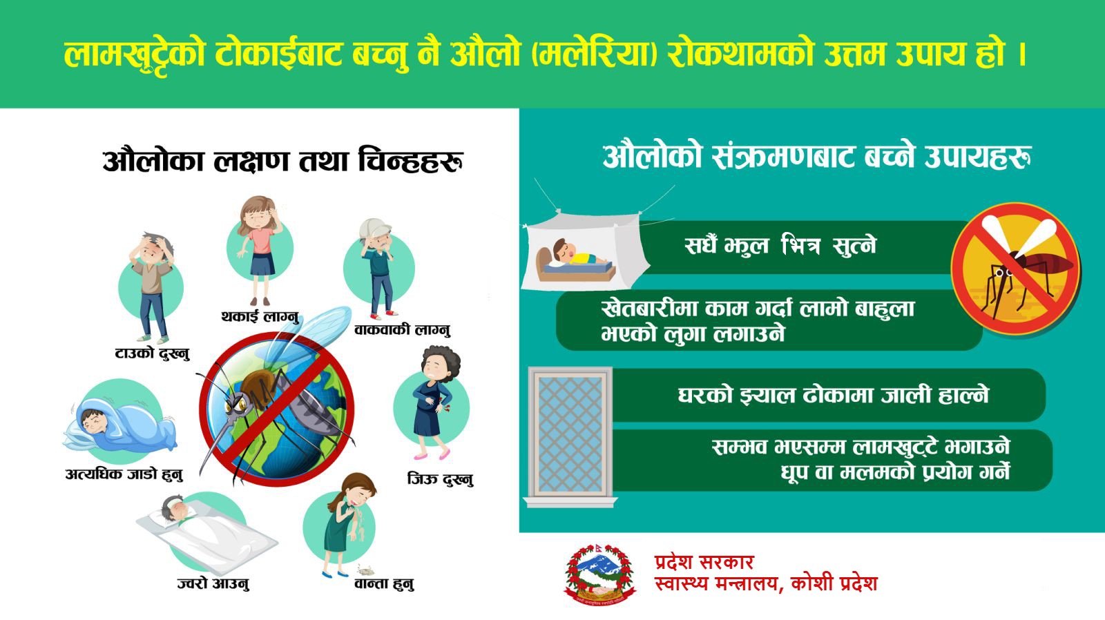 लामखुट्टेको टोकाईबाट बच्नु नै ‌औलो (मलेरिया) रोकथामको उत्तम उपाय हो।